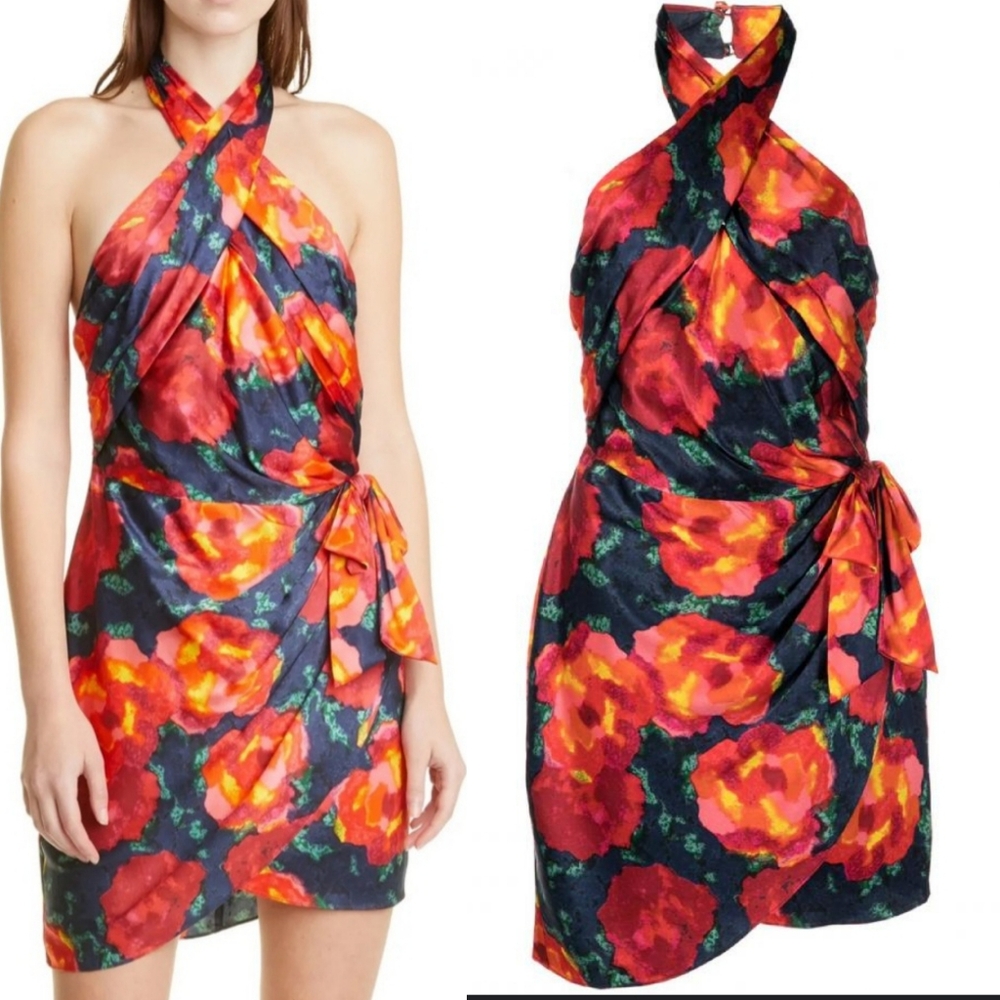 NWT Cinq a Sept 100% Silk Red Blue Floral Halter Neck Cocktail Mini Dress Sz 6‎